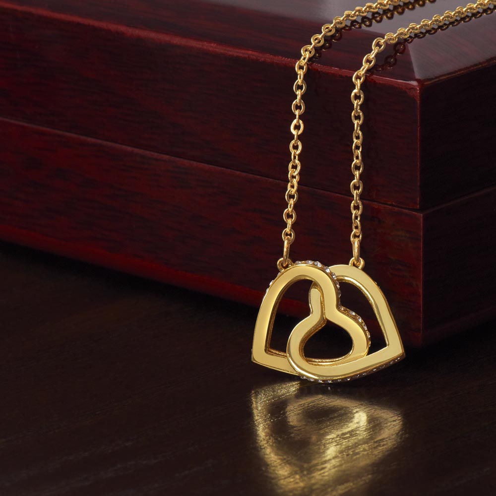 Best Friends Heart Necklace two interlocking heart pendants embellished with CZ crystals High quality polished rose gold finish or 18k yellow gold finish