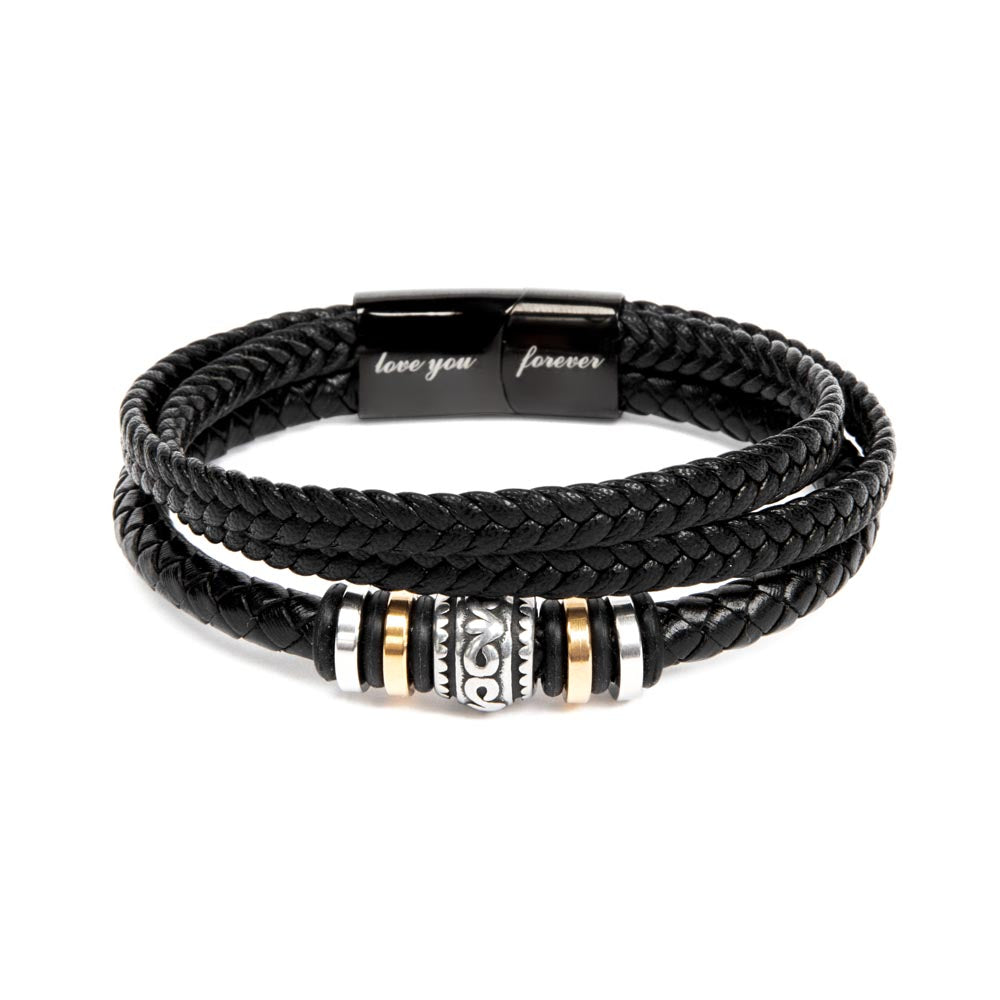 Love You Forever Bracelet Black Braided Leather Band with Decorative metal beads