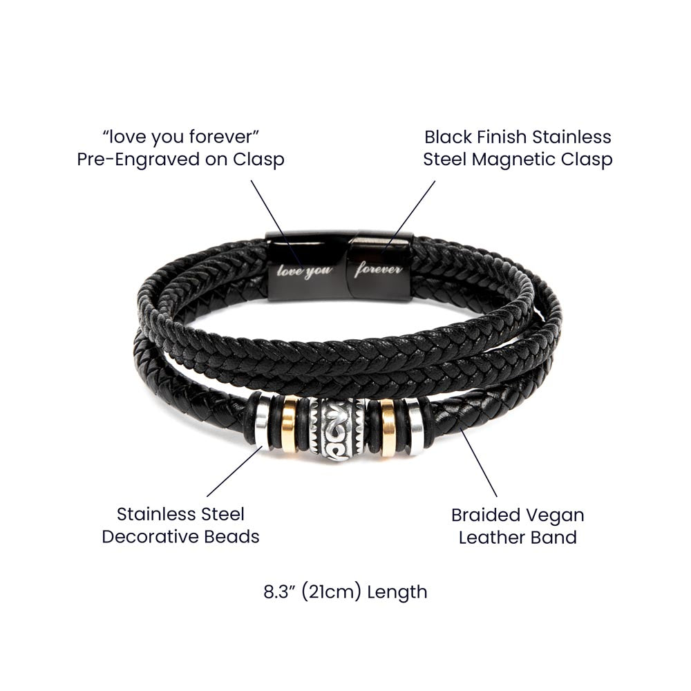 Love You Forever Bracelet Black Braided Leather Band with Decorative metal beads