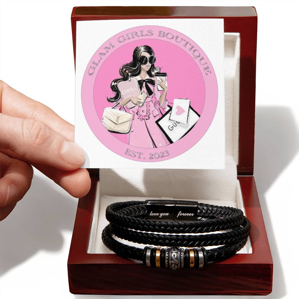 Love You Forever Bracelet Black Braided Leather Band with Decorative metal beads